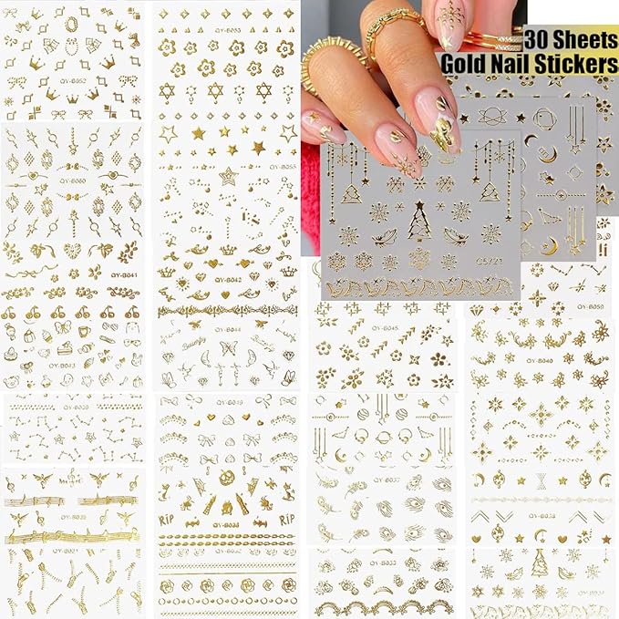Zoance 90 Sheets Gold Nail Art Stickers & Storage Book,5000 Pieces 3D Self-Adhesive White Floral Nail Stickers with Blue Rhinestones Designs,Multicolor Nail Decals for Women Girls Manicure Decorations