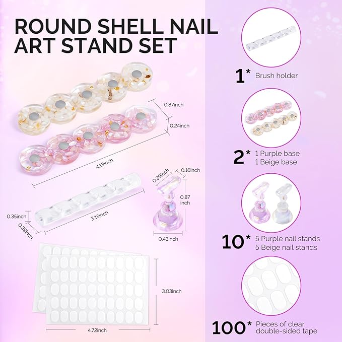 MelodySusie Nail Stand for Press Ons, Round Shell Shape Magnetic Base for Painting Display with Brush Holder and 100 Pcs Reusable Double-Sided Tape for Home DIY Salon Supplies, Purple and Beige