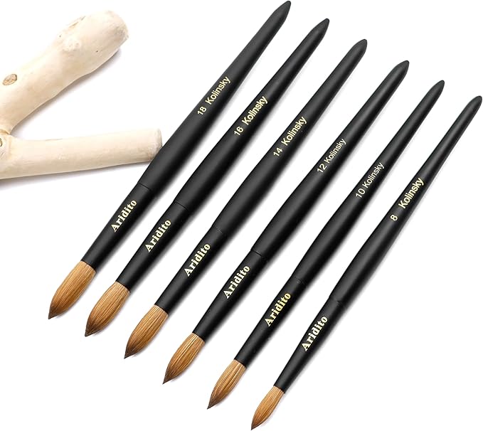 Kolinsky Round Head Acrylic Nail Art Brush Set, Black Wooden Handle, Silver Metal, Size 8 10 12 14 16 18, for Professional Manicure DIY Home Salon (8# Kolinsky)