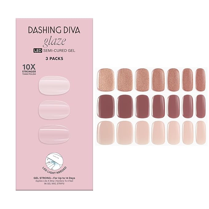 Dashing Diva Glaze Nail Strip 3-in-1 Kit - Best of Nudes - Long Lasting, Chip Resistant, Semi-Cured Gel Nail Strips - Contains 96 strips, 3 prep pads, 3 manicure sticks, 1 nail file
