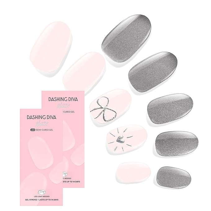 Dashing Diva Glaze Nail Strip Duo - Silver State of Mind Collection - Titanium Glaze & Just Put A Bow On It - Long Lasting, Chip Resistant, Semi-Cured Gel Nail Strips - Contains 2 Colors