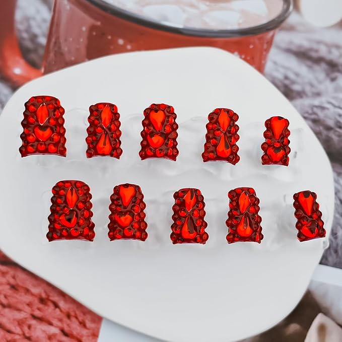 Red Chrome Press on Nails Short Duck, Full Rhinestones Red Heart Fake Nails 3D Luxury Acrylic Duck Nails Thickened False Nails (Crimson Glimmer Enchant,M)