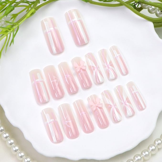 Long Press on Nails Square Fake Nails Press ons with Pink and White Gradient French Line Swirl Designs Cute Glue on Nails Acrylic Full Cover Stick on Nail for Women 24 Pcs