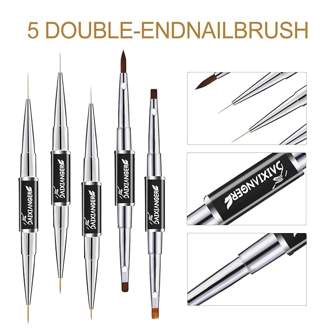 5 Pcs Nail Art Brush Set, Nail Art Brushes Double-Ended, Nail Liner Brushes and Nail Design Brush for Long Thin Liner Nails Detail, 3D Brush for Nails Art Gel Nail Polish Acrylic Nail Drawing