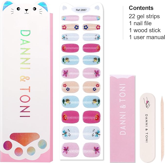 DANNI & TONI Kids Gel Nail Strips Bird Bee Butterfly Cat Eye Salon-Quality Peel & Stick Manicure for Children (Age 6+)– Safe, Long-Lasting, Easy to Apply | Birdie Buzz