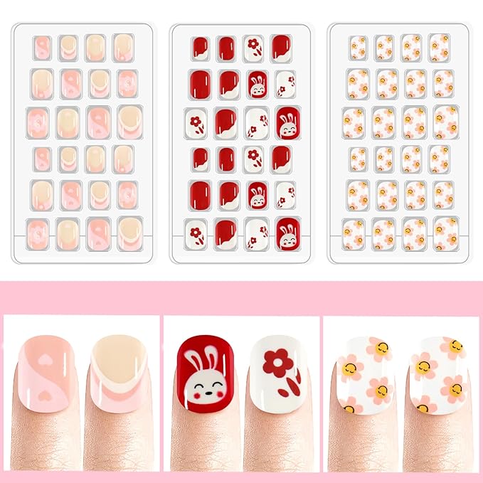 Laza 72pcs Children Nails Press On Pre-glue Full Cover Red Heart Pink French Manicure Short False Nail Kits for Kids Teenager Girls - Flower Rabbit