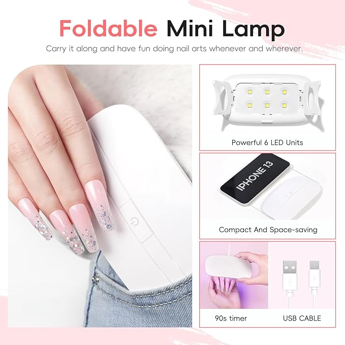 PEACECOLOR 24PCS Poly Nail Gel Kit with U V Light 6 Colors Pink White Clear Nude Glitter Nail Extension Gel with Base Glossy & Matte Top Coat Slip Solution Starter Manicure Kit for Women Beginners