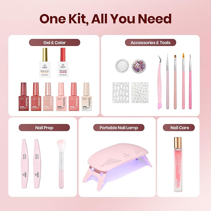 Beetles 22 Pcs HEMA-Free Gel Nail Polish Kit with U V Light - 6 Color Pink Nude Red Pearl White Gel Polish Set Ethereal Glow Gift-Ready Package DIY Salon Portable Manicure Kit Women Girls Teens Gifts