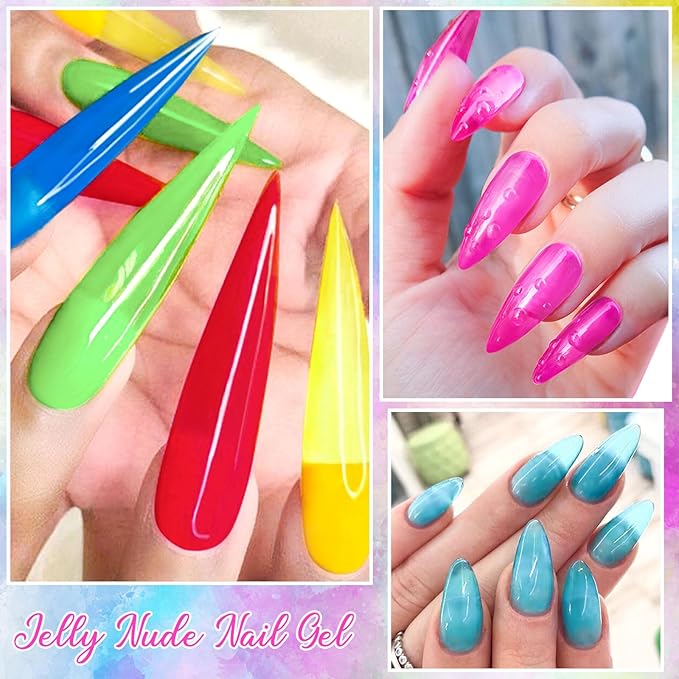MEET ACROSS Neon Jelly Gel Nail Polish Nude Crystal Gel Polish Hot Pink Red Blue Purple Nail Art Manicure Gifts for Women 8 Colors