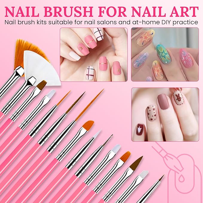 Nail Art Brushes Set with Brush Stand Nail Sculpture Pen Dotting Tools For Paint 3D Nails,Nail Design Brush for Acrylic Gel Dip Powder Nail Extensions,French Manicure,for Home Salon (Pink)