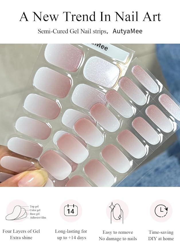 Semi Cured Gel Nail Strips (Chrome Omber Beige), Pearl Glazed, 30 Pcs Gel Nail Wraps, Stickers, UV Light Required