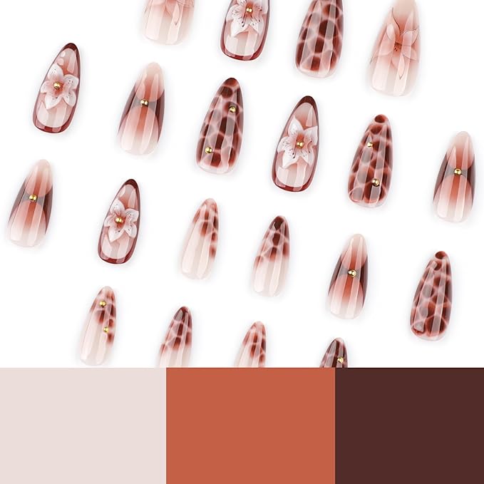 Press on Nails Almond - Medium Fake Nails with Flower Pattern Design - Brown Ombre False Nails Press Ons - for Women Manicure 24 Pcs