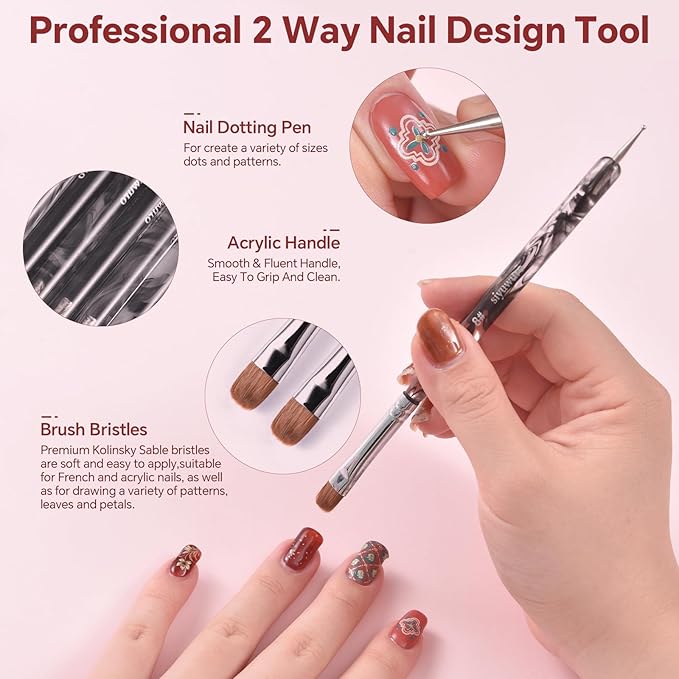 Kolinsky Sable Nail Brush French Nail Brush 2 Way Professional UV Gel Acrylic Nail Art Brush with Dotting Tool for French Manicure Cuticle Clean Up Nail Art Design Brush (4#)