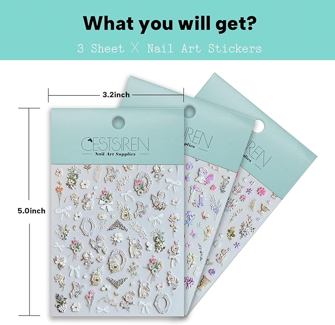 Angel Garden Nail Art Stickers, Rose Flower Nail Decals, Self-Adhesive,Summer Spring Nail Accessories for Women, Nail Decorations 3 Sheets