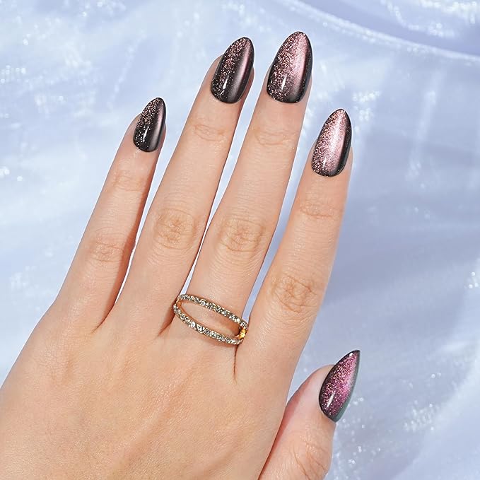 Cat Eye Press on Nails Short, Jofay Fashion Soft Gel Fake Nails, Purple-Green Color-changing Shimmer Cat Eyes Nails, Reusable & Glossy Acrylic False Nails, Glue on Nails Kit Stick on Nails for Women