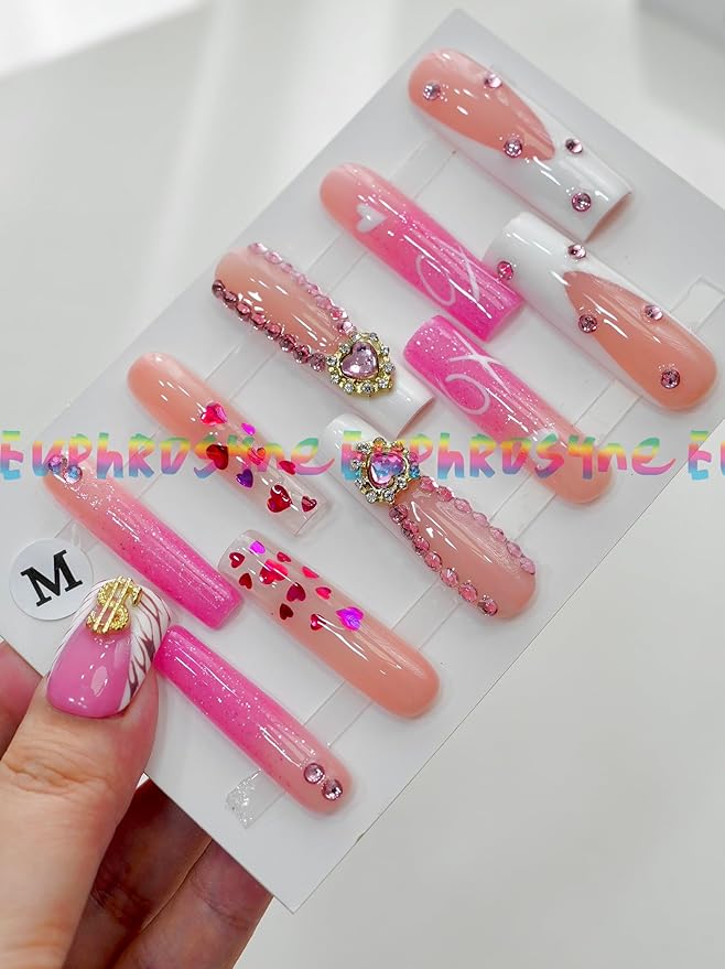 Pink Heart Press On Nails – 10PCS Long Square Fake Nails with Rhinestones, Glitter Hearts & 3D Flower Charms, Glossy Reusable Valentines Nails for Women and Girls – Euphrosyne