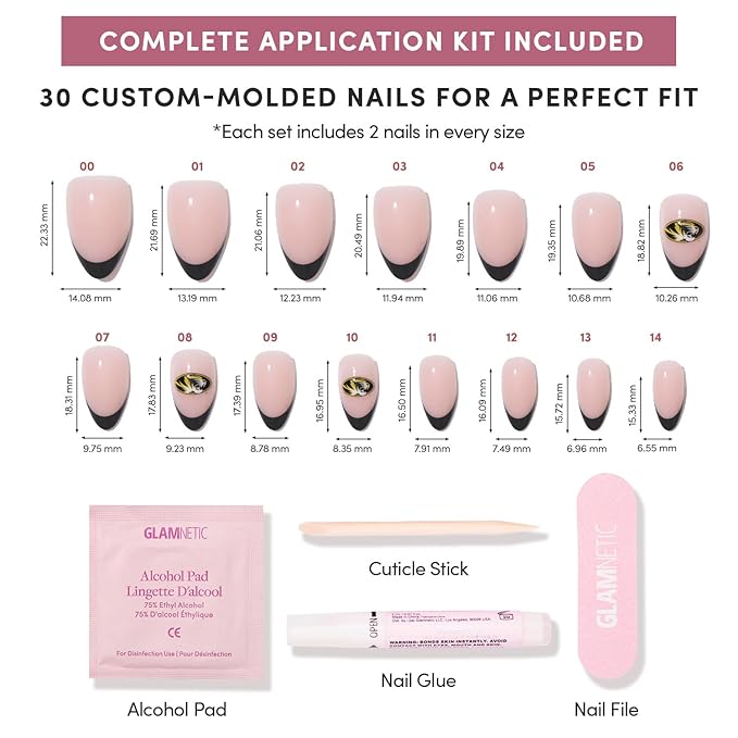 Glamnetic x Fanatics Press On Nails - Missouri Tigers | Short Almond Fake Nails, Collegiate Tigers Black French Tips, College Nails, Salon-Quality | 15 Sizes - 30 Nail Kit with Glue