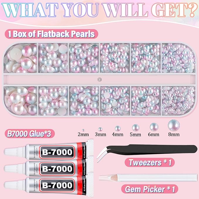 Flatback Pearls for Crafting with 3Pcs 10ml B7000 Jewelry Glue, 1 Box of Half Round Pink Mermaid Pearls, Bedazzling Beads for DIY Crafts Clothing Tumblers Shoes Embellishment Nail Art