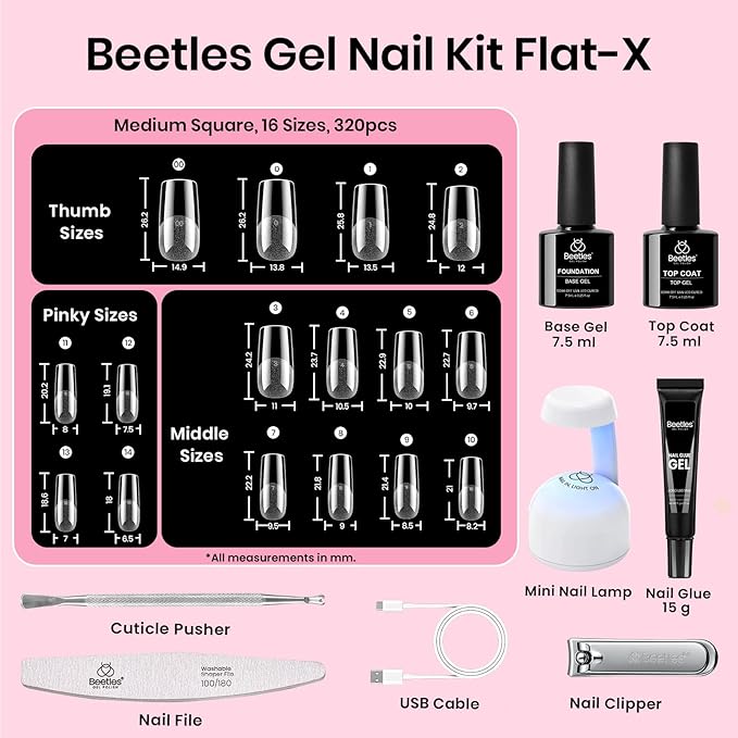 Beetles Gel Nail Kit Flat-X, Square Medium, 320pcs 16 Sizes Nail tips, with 15g Nail Glue Gel Hands-Free, 7.5ml Base Gel & Top Coat, Mini Lamp, for Acrylic Press On Nail, Extension DIY Set at Home