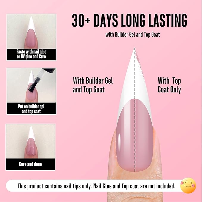 NOVO OVO White French Tip Long XL Sharp Stiletto Nail Tips Press on BERRY PINK, Soft Gel Double Matte Fake Nail Extension, Full Cover False Nails for Acrylic DIY x 16 Sizes 160 pcs