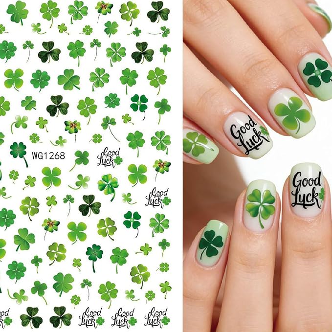 St Patricks Day Shamrock Nail Art Stickers Lucky Four-Leaf Clover Nail Decals Charms 3D Self-Adhesive St. Patrick's Day DIY Date Nail Supplies Decorations for Women Girls 10 Sheets