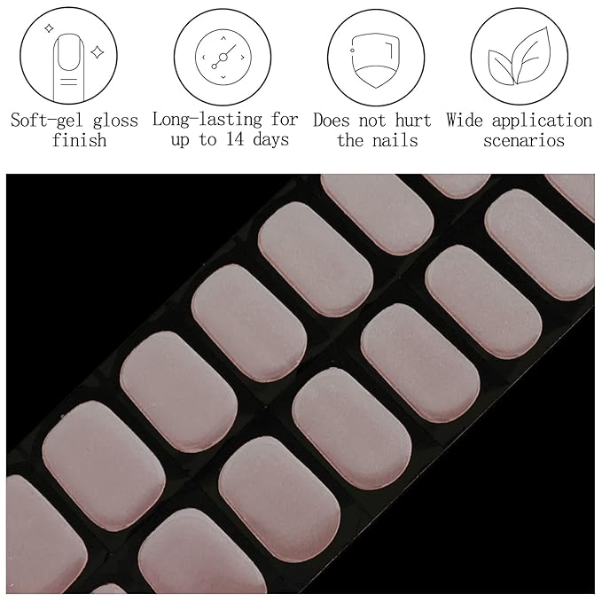 Chrome Nude Semi Cured Gel Nail Strips 20Pcs Glitter UV Gel Nail Stickers Glossy Nails Polish Strips UV/LED Light Needed Self Adhesive Full Polish Nails Wraps for Women