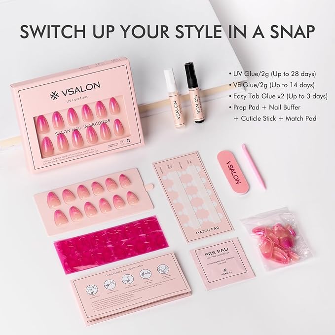 VSALON Almond Short Press On Nails, Hot Pink Aurora Ombre Light Curable Sheer Jelly Finish False Nails, Reusable Gel Glue on Nails Kit with Glue - 32 pcs in 16 Sizes