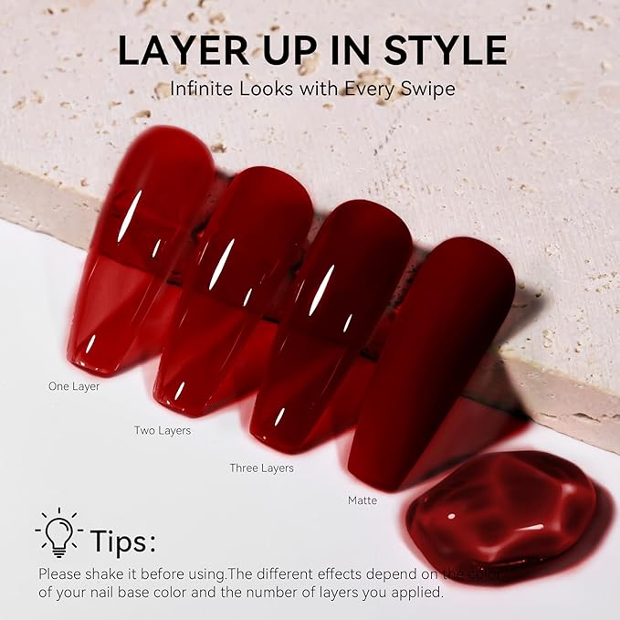 MEGIOR Jelly Burgundy Gel Nail Polish 0.5 Fl Oz Jelly Red Transparent Soak Off UV LED Lamp Light Cure Gel Polish Kit for Salon and Nail Art Starter Manicure DIY at Home