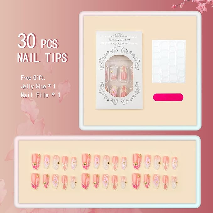 Press on Nails Medium Almond Fake Nails 3D Artificial Nail Spring Pink Stick on Nail for Women 30pcs