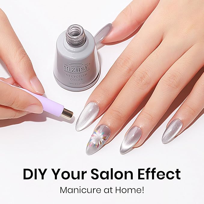 MIZHSE Cat Eye Gel Nail Polish, 12mL Silver Cateye Gel Polish Glitter Moonlight Cat Eye Effect Soak Off U V LED Gel Polish for Nail Art Manicure Salon Home DIY