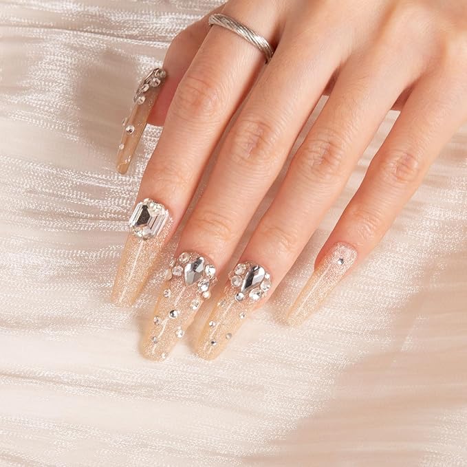 LOVFUL Press on Nails Shine Bright Like a Diamond | Handmade with Full Covered Crystals | Reusable Full Cover Nails | Coffin Classic Regular 1.3 in | H06-L
