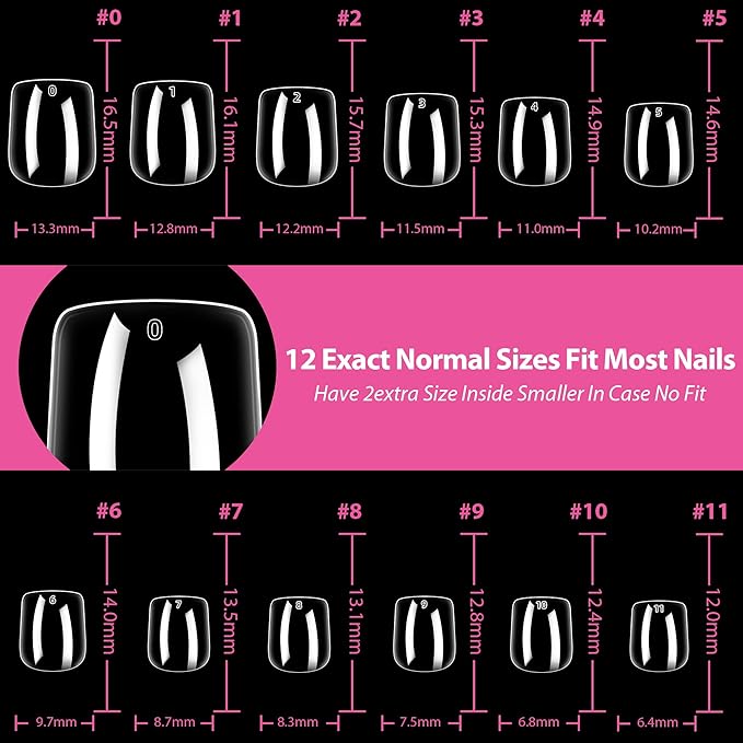 UNA GELLA Extra Short Square Nail Tips XS Short Square Gel Tips 216pcs Press On Nails Full Cover 12 Sizes Clear Fake Nails Extension for Home DIY Nail Salon Soft Gel Tips