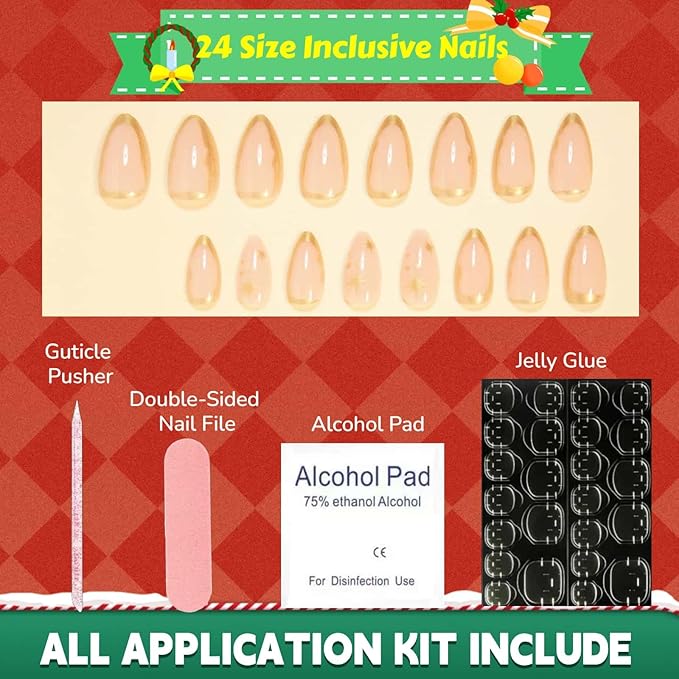 French Tips Press on Nails Almond Fake Nails with Gold Line Design Glue on Nails Removable Acrylic Nails Glossy Full Cover Stick on Nails for Women 24 Pcs