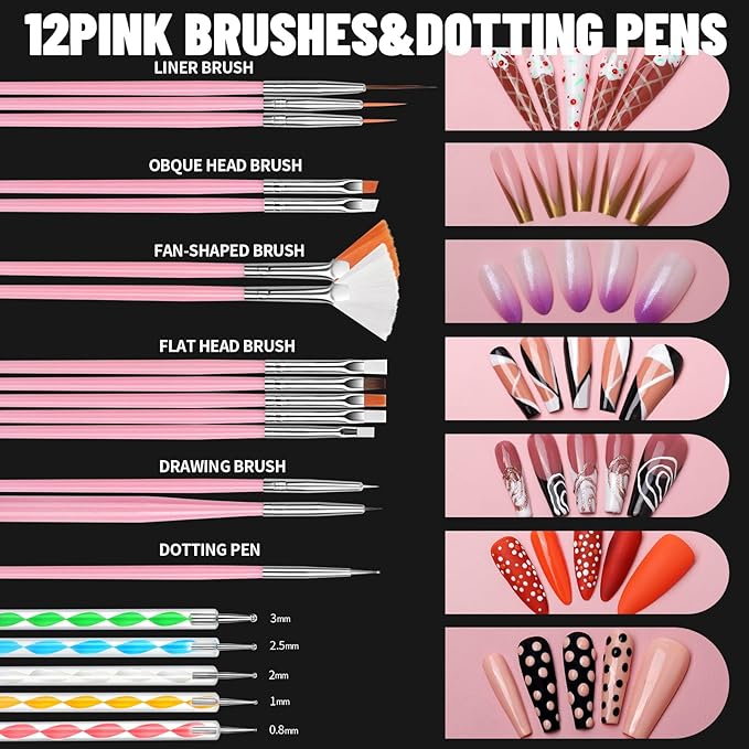 FANDAMEI Nail Art Brushes, Nail Art Kit with Nail Art Brush, Dotting Tools, Nail Rhinestones Pearls, Nail Charms and Gems, Nail Stickers for Women Decals, Nail Stand for Press on, Nail Design Kits
