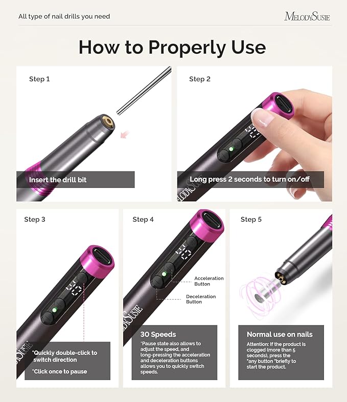 MelodySusie Pen-Shaped Ultra-Slim Cordless Nail Drill, PM170F 30000RPM Portable Rechargeable Electric File with LED Display for All Manicure, Nail Care, Shaping & Gel Removal for Advanced Home Use