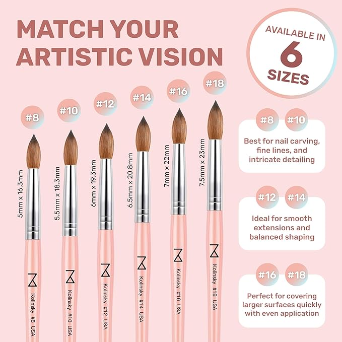 M – Majesti Pink 100% Kolinsky Acrylic Nail Brush | Professional Acrylic Sculpting & Application Brush | Handcrafted Premium Nail Art Tool for Nail Technicians (#18)