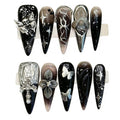 Handmade Press on Nails Stiletto Hand Painted Butterflies and Stars on a Dark Silver Skull and Diamond Jewelry Piece Handmade Stiletto Press on Nails 3D Luxury Press on Nails（S）
