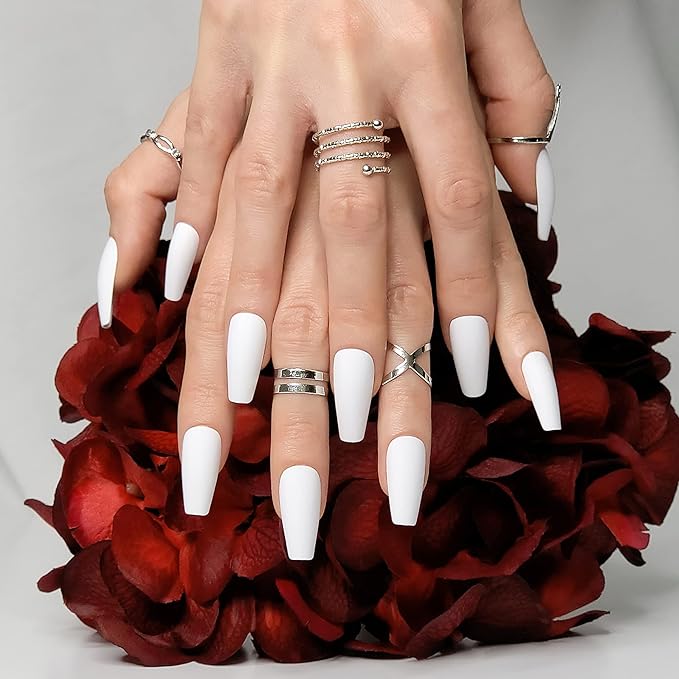 Hypnaughty 24 Pcs Santorini White Matte Luxury Coffin Press on Nails with Glue Medium Long Reusable & Customizable False Nails (Santorini)