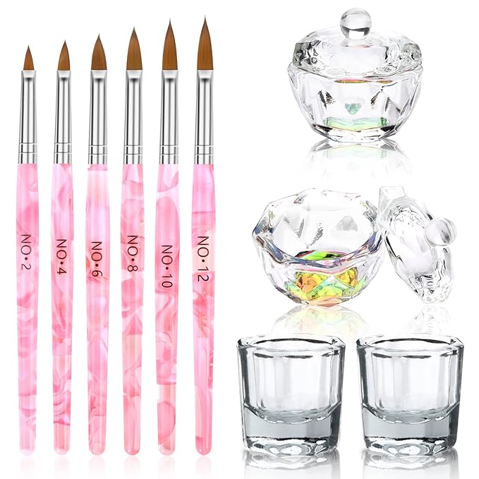 Acrylic Nail Brush Dappen Dish Set, 6PCS Nail Art Pen and 4PCS Crystal Dappen Dish, Manicure Bowl Cup Glass Container for Acrylic Liquid Nail Tool Kit (Pink)