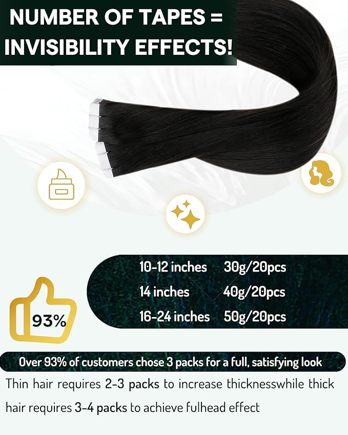 RUNATURE Tape in Hair Extensions Human Hair Black Women 16 Inch Tape ins Human Hair Extensions Natural Black Brazilian Straight Invisible Tape in Extensions Real Human Hair Full Ends 50g 20pcs