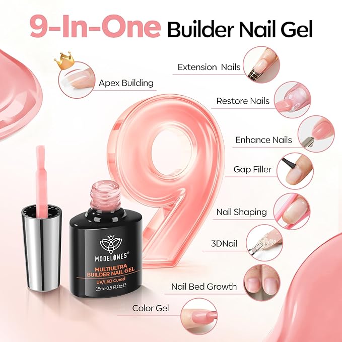 modelones Builder Nail Gel, Peach Pink Builder for Nails No Top Coat Needed, Glossy Jelly Finish Peach Blush, No-Wipe, C-Curve Sculpting, 9-in-One LED Lamp Cured Color Gel Polish for Quick Diy Salon