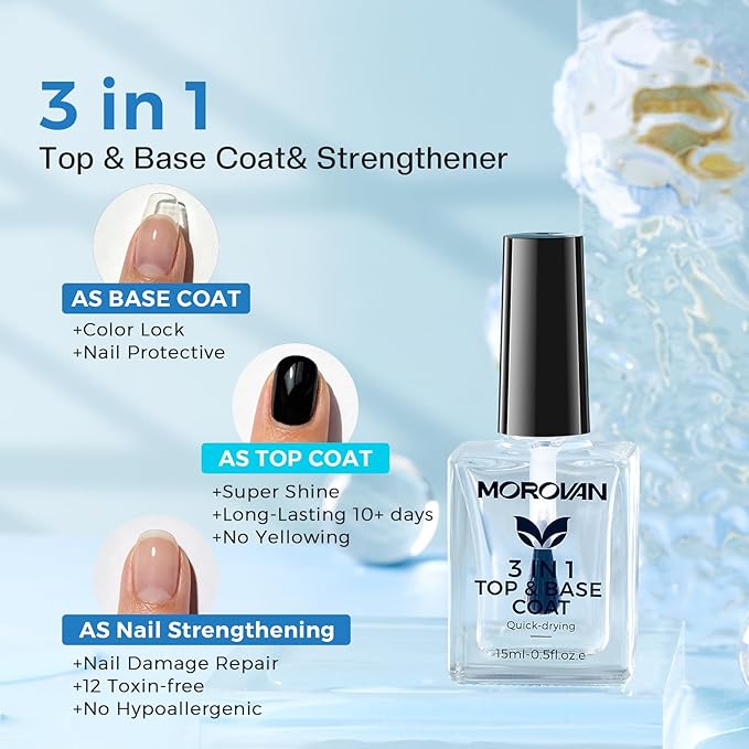 Morovan Base Coat Nail Strengthener: 3 IN 1 Nail Growth Top Coat Clear Quick Dry Nail Polish Strong Repairs Damaged Nail Hardener Long Lasting Shine No Chip Fingernail Treatment Care for Women Girls