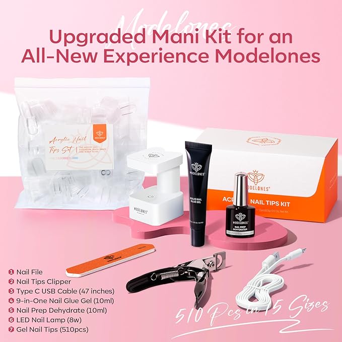 modelones X Nail Gel Kit Almond, 510Pcs Nail Tips Solid Glue Prep Dehydrator & Mini U V LED Light Clipper, Upgrade 15Sizes Medium Almond Press on Tips Etch Half Matte for Easy Extension DIY Women Gift