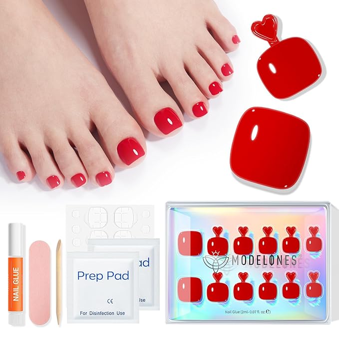 Modelones Press on Toenails Short, Red Toe Press on Nails Square, Reusable Nail Kit with Nail Glue Adhesive Tabs Mini Nail File, Toe Nails 36Pcs 18Sizes, Spring Women Girl Gift