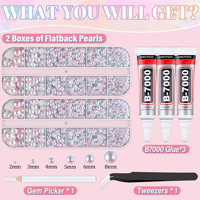 Flatback Pearls for Crafting with 3Pcs 10ml B7000 Jewelry Glue, 2 Boxes of Half Round Pink Mermaid Pearls, Bedazzling Beads for DIY Crafts Clothing Tumblers Shoes Embellishment Nail Art