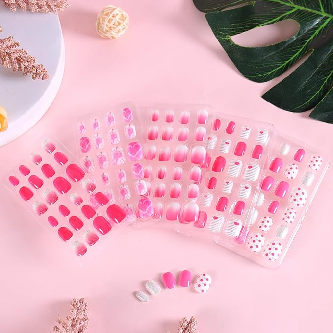 SIUSIO 120Pcs 5 Pack Press on Nails kids Children Acrylic Fake Nails Cute Pre-glue Full Cover Gradient Color Rainbow Short Stick On False Nail Art Kits Set for Kids Little Girls - Pink Love