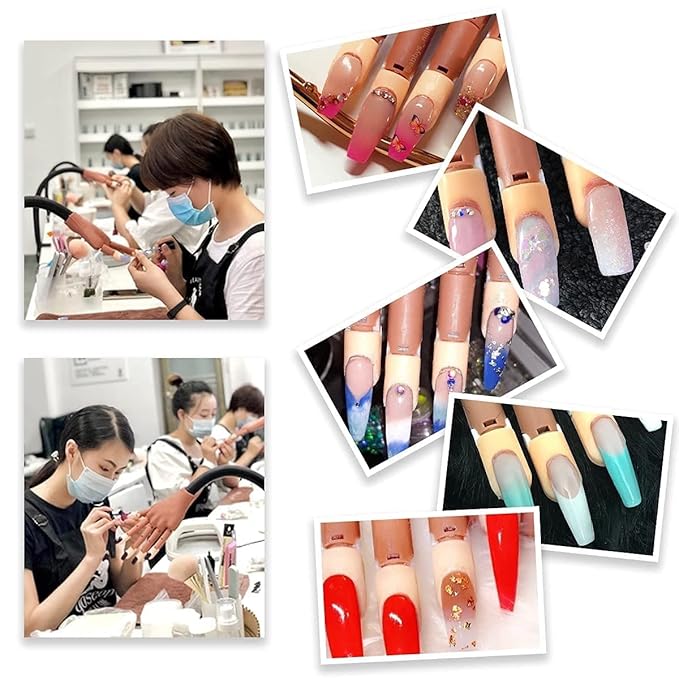 Practice Hand for Acrylic Nails, Professional Nail Practice Hand Nail Training Hand, Flexible Moveable False Fake Mannequin Hand for Nails Art Practice Display with 100Pcs Brown Fake Nail Tips