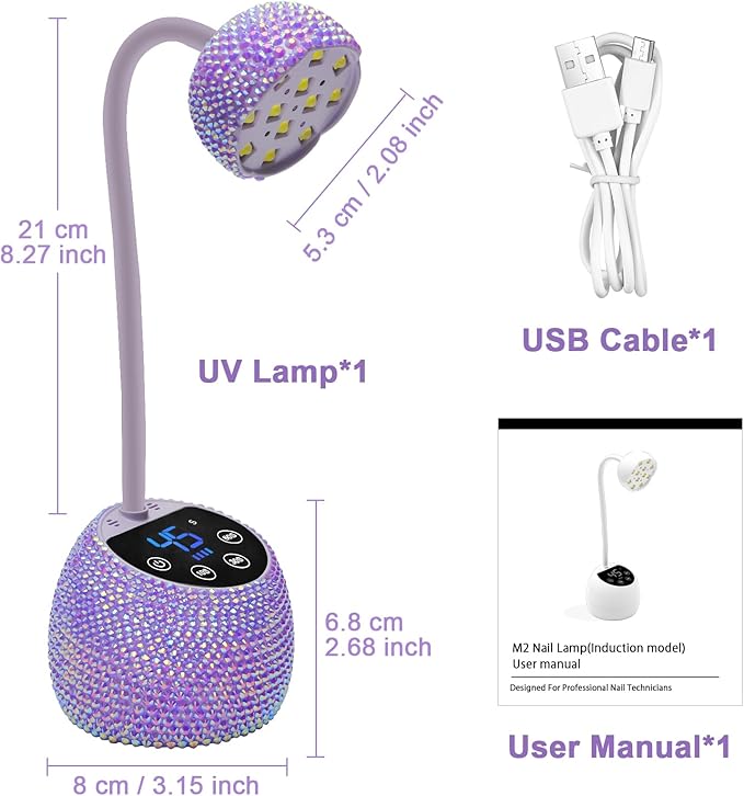 CGBE UV LED Nail Lamp, 36W Mini Cordless Flash Cure Lamp, USB Rechargeable Goosenecks LED Nail Light with 4 Timers & Auto Sensor for Salon Home DIY Use, Purple Diamond