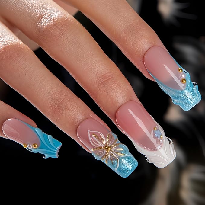 LOVFUL Short French Tip Press on Nails Glacial Blue | Handmade Acrylic Press ons| Reusable Fake False Nails | Square Classic Regular 1.3in | H714-M
