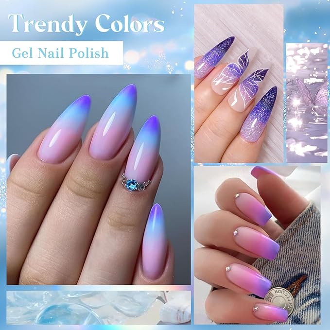 12 Colors Color Changing Gel Nail Polish Set Glitter Blue Purple Temperature Mood Changed Gel Polish Kit Pink Lemon Green Manicure Gifts for Women Girls